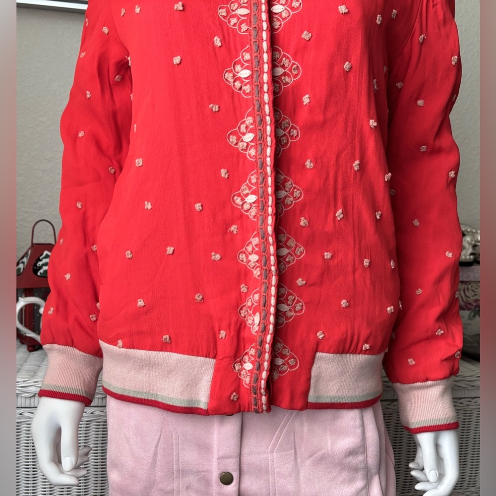 Anthropologie Conditions Apply Arabella Bomber Jacket Embroidered in Red Size L - Picture 5 of 13